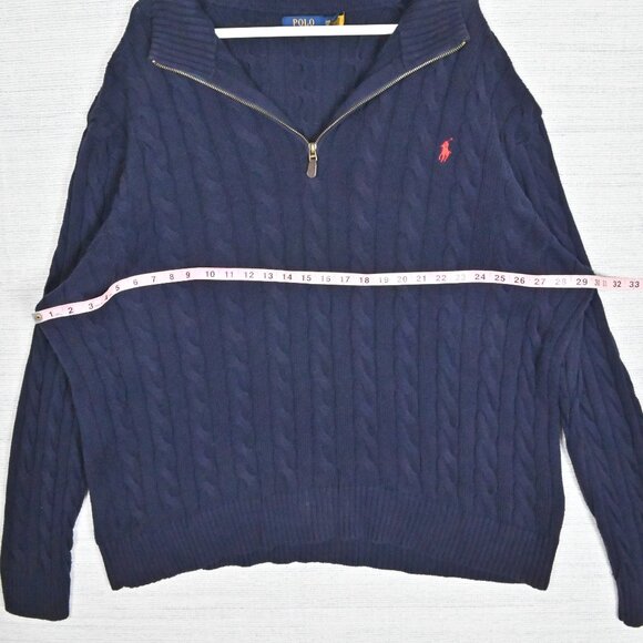 Polo Ralph Lauren Chunky Cable Knit Warm 1/4 Zip Mock Neck Sweater Navy Blue 2XB - Picture 15 of 16